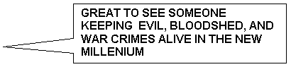 Rectangular Callout: GREAT TO SEE SOMEONE KEEPING  EVIL, BLOODSHED, AND WAR CRIMES ALIVE IN THE NEW MILLENIUM